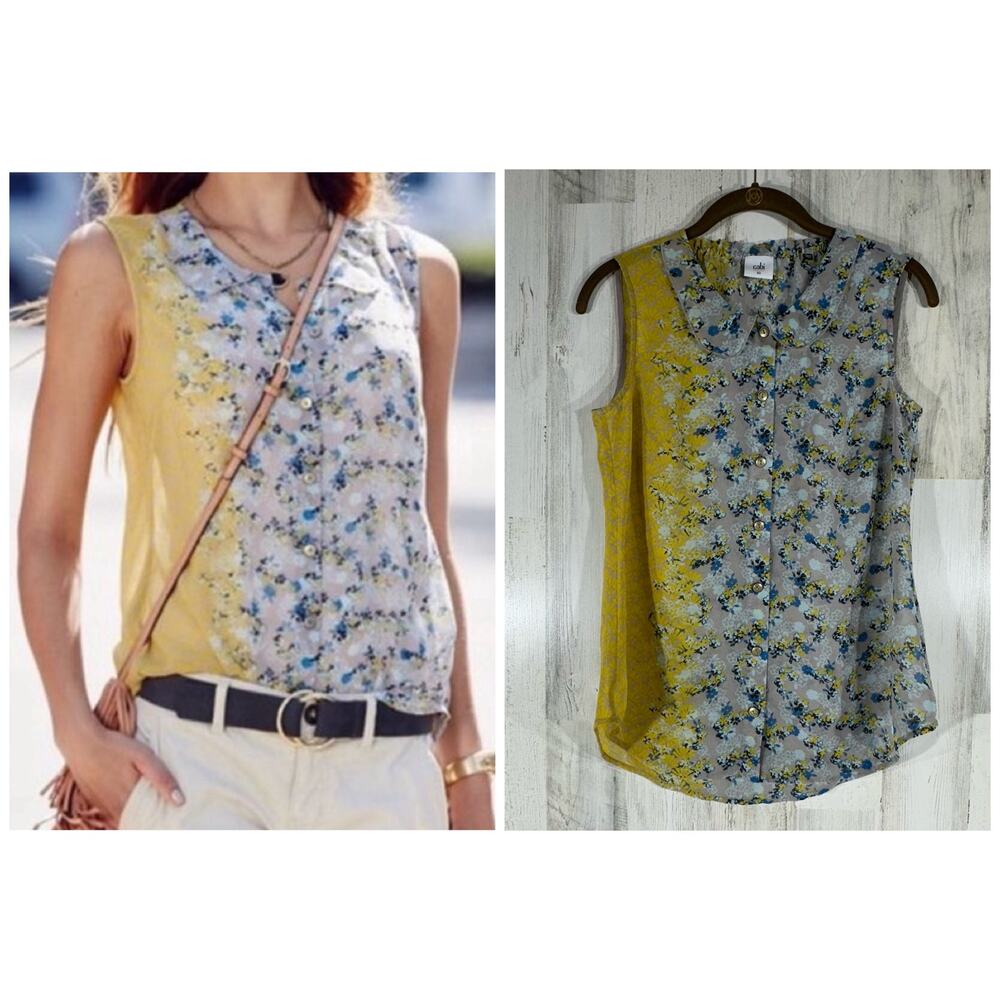 Cabi Sleeveless Offsides Blouse XS Button Front Floral Sheer Peter Pan Collar